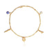 The Mega Lucky Charm Anklet Bracelet, designed for good luck and evil eye protection, features a series of charms including a blue and white evil eye, a small stone, a chili pepper, an intricately detailed flower, and a hand. Each charm is elegantly showcased on the Figaro link chain against the white background.